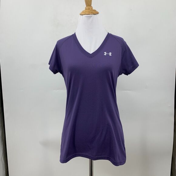 Under Armour T Shirt Womens XS Purple Semi Fitted HeatGear V Neck Sweat Wick - Picture 2 of 14